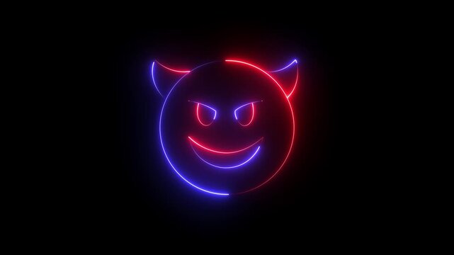 glowing neon devil icon animation . glowing neon demon emoticon. devil with grin face ,mockery emoticon , motion graphic of cute demon concept.