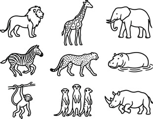 Obraz premium Minimalist black outline drawing set of various wild safari jungle animals on a white background