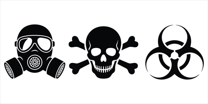 Collection of three black hazard symbols: gas mask, skull and crossbones, and biohazard symbol, isolated on white.keywords