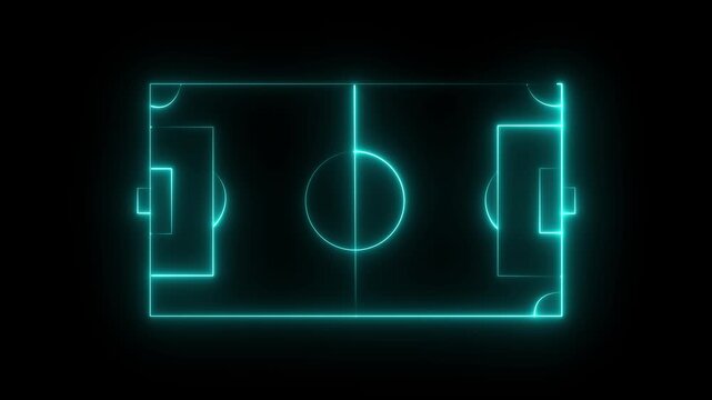 Animation of neon sports stadium on black background. neon lights match football isometric field video animation, Soccer field stadium or football lawn. motion graphic of football field concept.