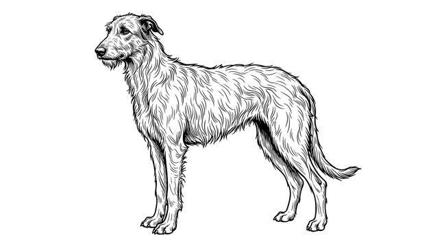 Scottish Deerhound dog standing in elegant profile. Graceful greyhound-like canine breed illustration for pet design projects.