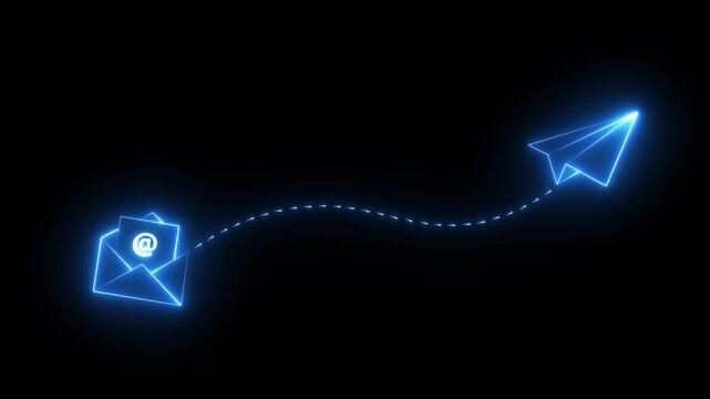 neon email envelope and paper plane icon on black background .newsletter ,email icon .flying paper airplane and email. emails for business and social media. motion graphic of paper plane concept.