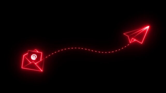 neon email envelope and paper plane icon on black background .newsletter ,email icon .flying paper airplane and email. emails for business and social media. motion graphic of paper plane concept.