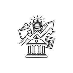 Fototapeta premium Business finance concept with bank building coins and rising arrow.