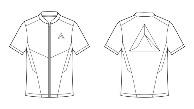 Zip up activewear polo shirt with triangle logo technical drawing fashion flat sketch front and back views vector illustration template