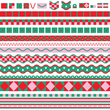 Christmas Border Elements Set with Festive Stripes Checker Waves Stars and Holiday Trims