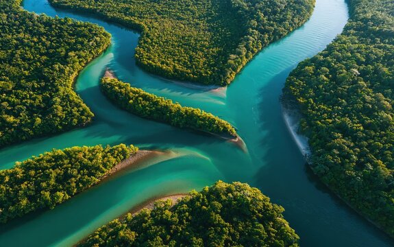Multiple blue rivers flow and converge through a vibrant and lush green tropical rainforest