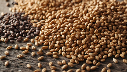 Obraz premium Ultra realistic macro commercial photography of assorted coffee and grain seeds scattered on surface. Detailed texture background of raw energy. Generative AI