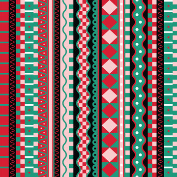 Christmas Border Seamless Pattern with Geometric Stripes Waves Stars Checks and Holiday Trims
