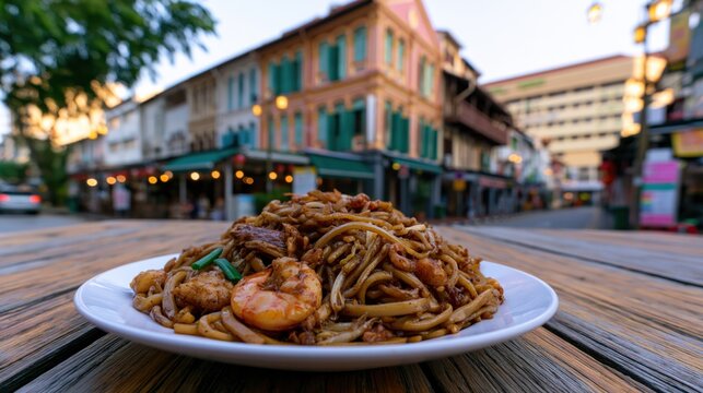 Steaming plate of stir fried noodles with fresh shrimp set against vibrant city architecture