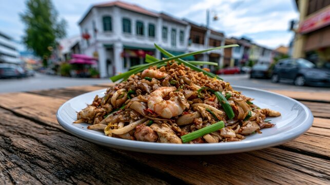 Savory stir-fried noodles with shrimp sit outdoors in the heritage center of George Town Penang