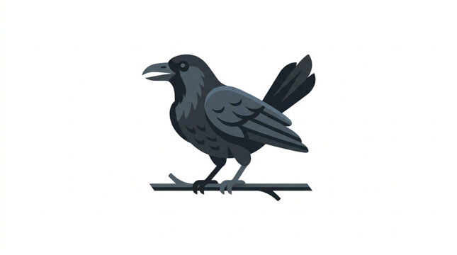 A black crow bird perched on a branch with its beak open.