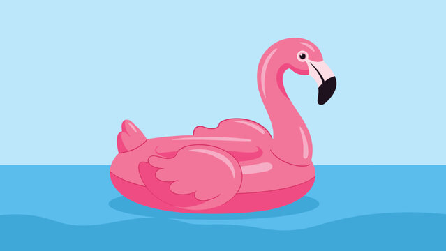 Vibrant illustration of a large pink inflatable flamingo floating serenely on calm blue water, perfect for summer, pools, and vacation themes.