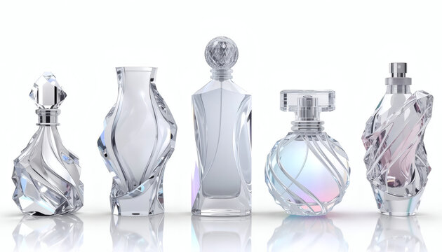 Luxury Futuristic 3D Transparent Bottle Collection Isolated PNG with Crystal Glass, Frosted Resin and Premium Cosmetic Packaging