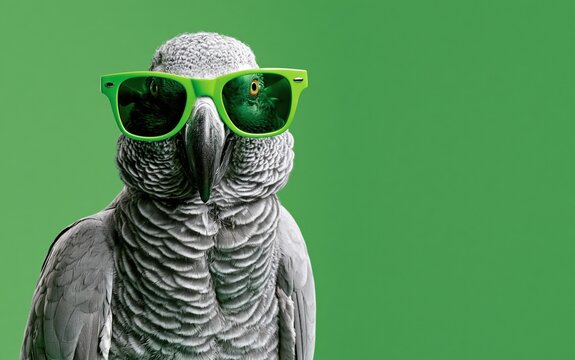 Gray African parrot wearing green sunglasses poses with a funny look for a studio session
