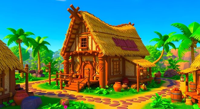 Cartoon wallpaper background of a village house with hay roof
