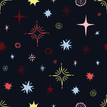 Christmas Star Seamless Pattern with Festive Doodle Bursts Bows and Celestial Holiday Background