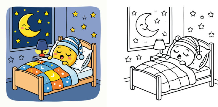 Cute sleeping cartoon character in bed with nightcap and colorful blanket, coloring page and color version vector illustration for kids