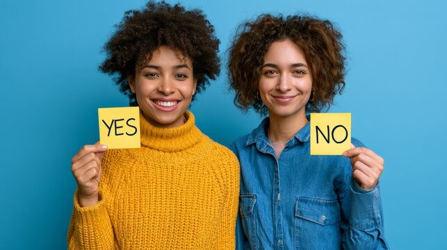 A smiling young woman holding two papers with "yes" or "no."
