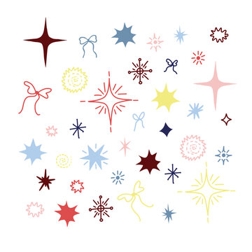 Christmas Star Isolated Elements Set with Festive Doodle Bows Celestial Holiday Clipart Design