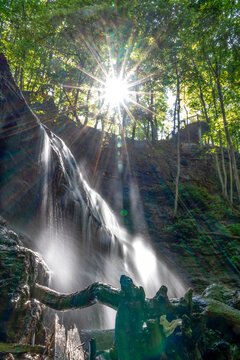Breathtaking view of Sherman Falls in Hamilton, Ontario, captured with sunlight streaming through lush green trees, highlighting the cascading water.