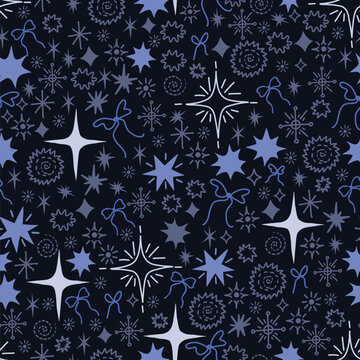Christmas Star Seamless Pattern with Festive Doodle Bursts Bows and Celestial Holiday Background