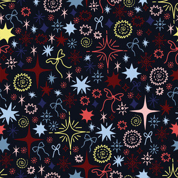 Christmas Star Seamless Pattern with Festive Doodle Bursts Bows and Celestial Holiday Background