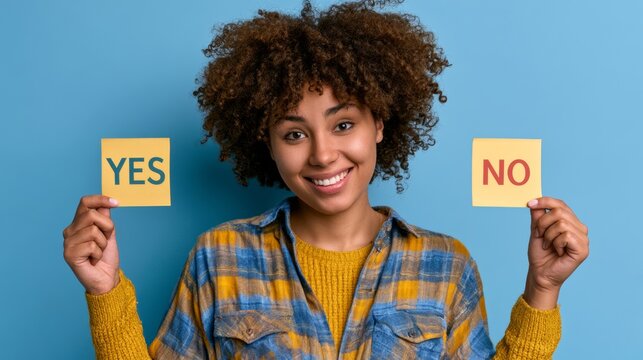 A smiling young woman holding two papers with "yes" or "no."