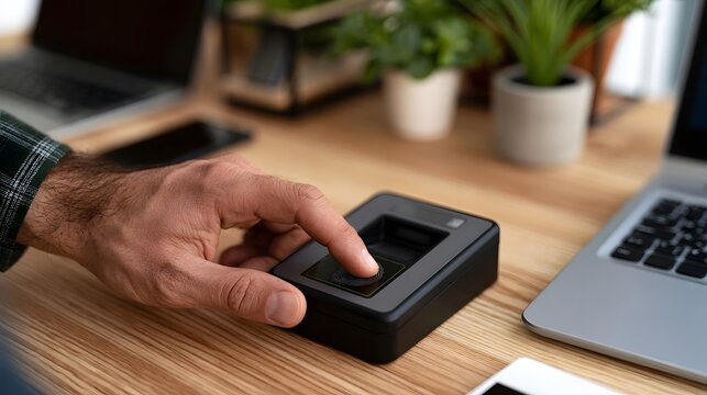 A person s finger is being scanned by a black biometric fingerprint reader on a wooden desk surrounded by office equipment