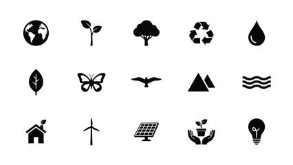 Naklejka premium Modern minimalist icons set featuring sustainability nature with flat design style high contrast against neutral background black white icon collection arranged grid