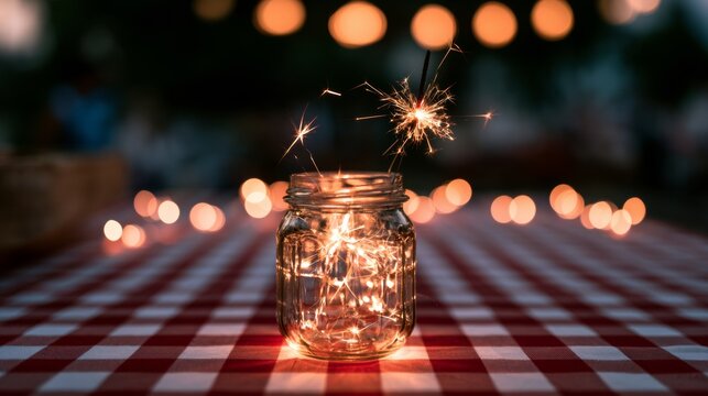 Glass tumbler with a fireworks celebration in a garden.