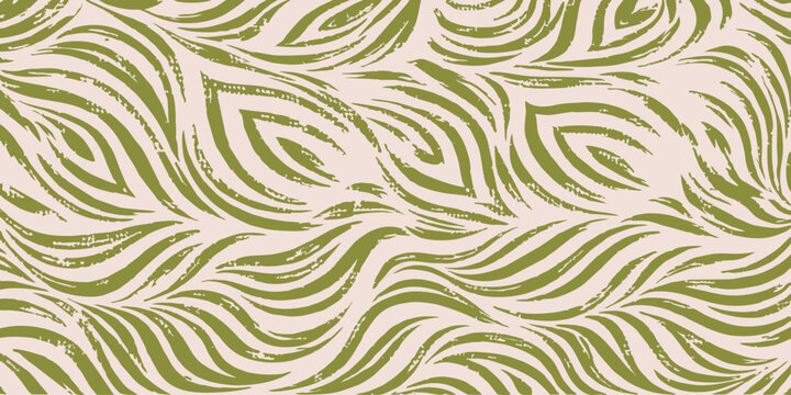 Seamless abstract organic wave pattern with hand-drawn brush stroke texture. Olive green flowing lines on a light beige background.