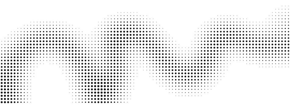 Halftone wave pattern with black square dots, abstract geometric halftone gradient vector, minimalist digital screen effect for modern graphic design