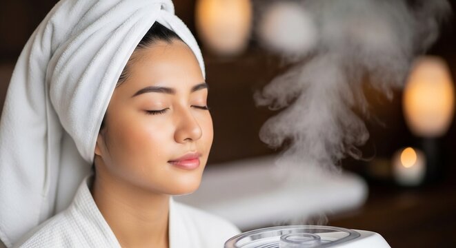 Woman in a white robe and towel on her head enjoying steam from a humidifier