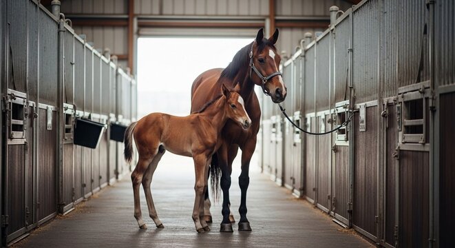 A graceful mare and her tiny foal stand together in a bright, clean stable, showcasing a tender maternal bond.