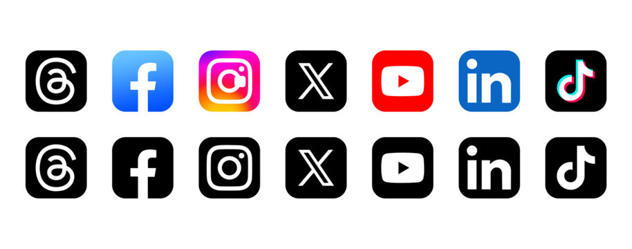 Popular seven social media network logo icons set 2026. Threads, Facebook, Instagram, X (Twitter), YouTube, LinkedIn, TikTok	
