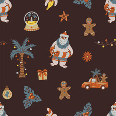 Christmas Tropical Seamless Pattern with Palm Trees Gingerbread Santa Summer Holiday Frames Illustration © Yumeee
