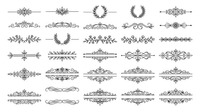 Vintage decorative flourishes and floral dividers, elegant calligraphic ornaments and victorian border elements. Black ink monoline vector collection for wedding invitations, stationery and branding