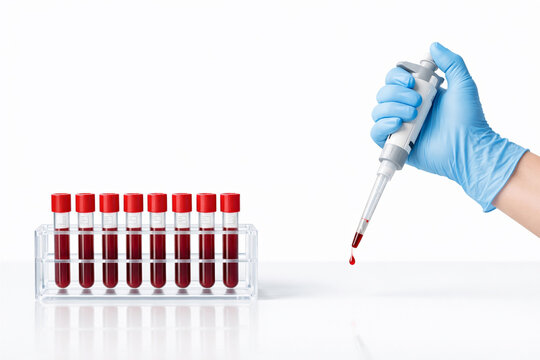 Gloved Hand with Micropipette and Blood Test Tubes on White Background Scientist Dispensing Blood Sample with Pipette in Laboratory Studio Shot