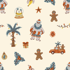 Christmas Tropical Seamless Pattern with Palm Trees Gingerbread Santa Summer Holiday Frames Illustration © Yumeee