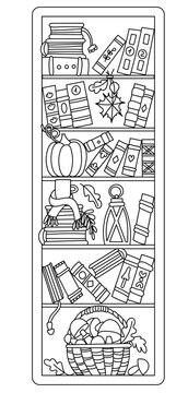 Bookmark Bookshelf With Fall Decorations And Coloring Page