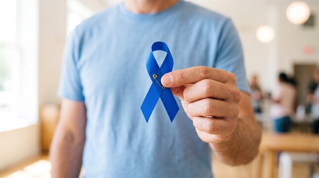 Blue awareness ribbon held by man, prostate cancer support symbol, colon cancer awareness concept, medical healthcare campaign for men