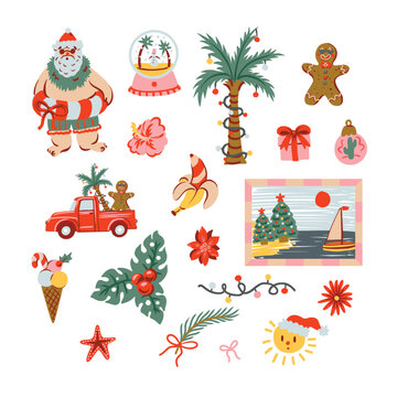 Tropical Christmas Isolated Elements Set with Santa Palm Tree Gingerbread Summer Holiday Clipart