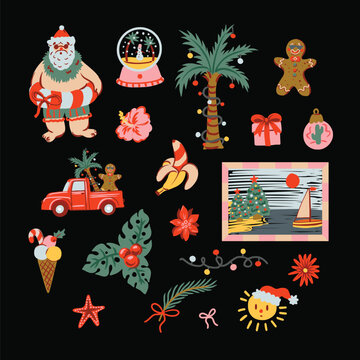 Tropical Christmas Isolated Elements Set with Santa Palm Tree Gingerbread Summer Holiday Clipart