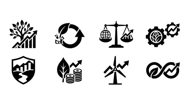 Set of eight black sustainability and eco-friendly icons featuring growth chart, recycling, balance scale, gears, shield, coins, wind turbine, and infinity arrows on white background.