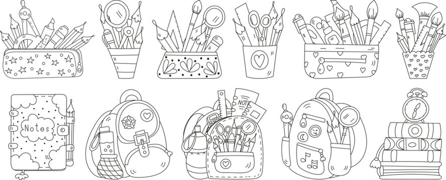 Coloring Page For Kids And School Backpacks And Supplies For Going Back To School