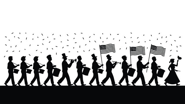 Silhouette of marching band with drums trumpets and flags celebrating in a parade with flags during celebration
