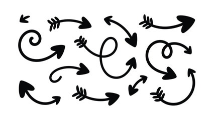 Fototapeta premium Set of hand drawn black ink arrows with various curvy shapes and feathered tails for creative design with isolated white background