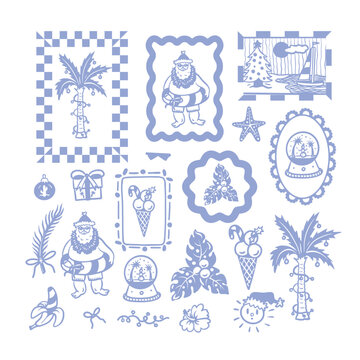 Tropical Christmas Isolated Elements Set with Santa Palm Tree Gingerbread Summer Holiday Clipart