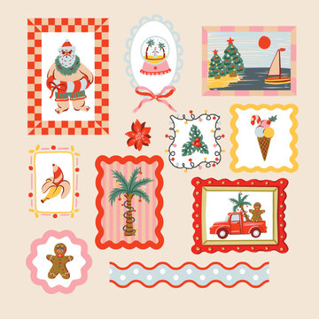 Tropical Christmas Isolated Elements Set with Santa Palm Tree Gingerbread Summer Holiday Clipart